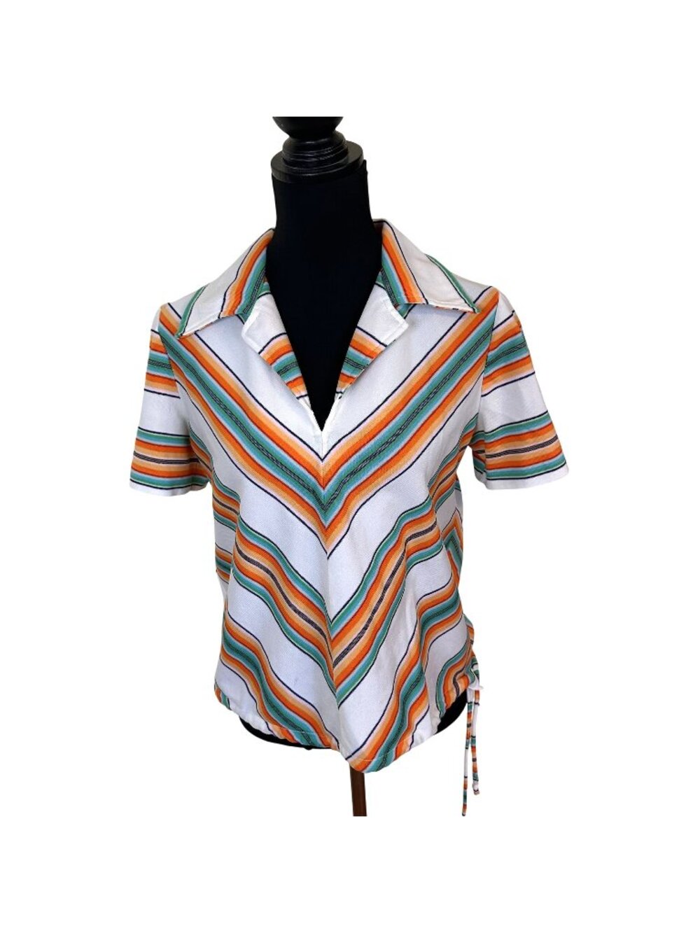 Vtg Womens Chevron Striped Shirt Short Sleeve Adjustable Hem White Medium 1970s